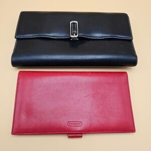Y2K Coach Black Leather Tri Fold Clutch & Checkbook Wallet Red Interior Set of 2